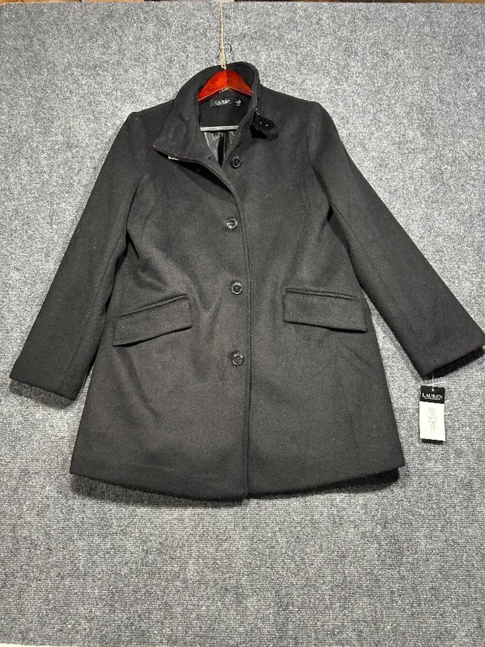 Lauren Ralph Lauren Black Label Wool Peacoat Womens 8 Black Tab Front Button NEW - Picture 1 of 11